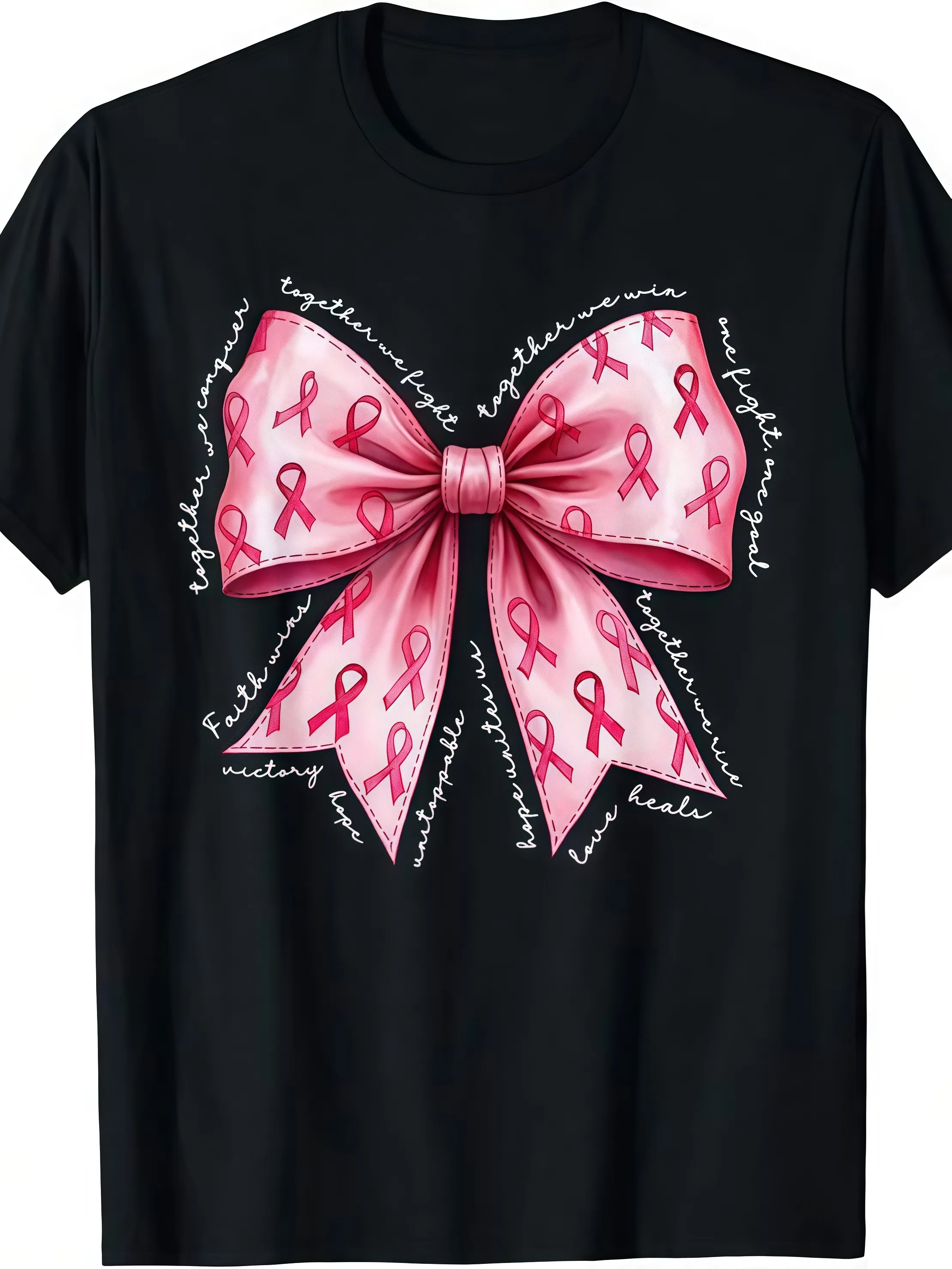 Tailorly Men's Printed Tee - Pink Ribbon Pattern With Empowering Words Surrounding A Large Bow sold by Tailorly