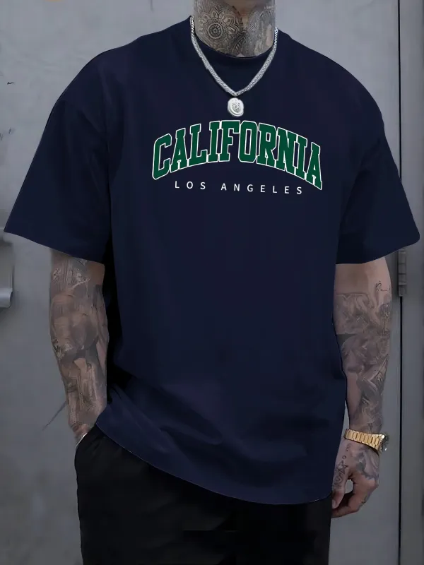 Tailorly Men's Printed Tee - California Los Angeles Vintage Letter Graphic Dark Crewneck Tshirt made by Tailorly
