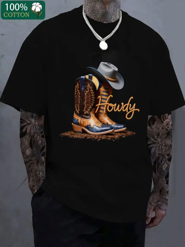Tailorly Men's Printed Tee - Howdy Vintage Cowboy Boots With Rustic Hat And Text Cowboy Boot made by Tailorly