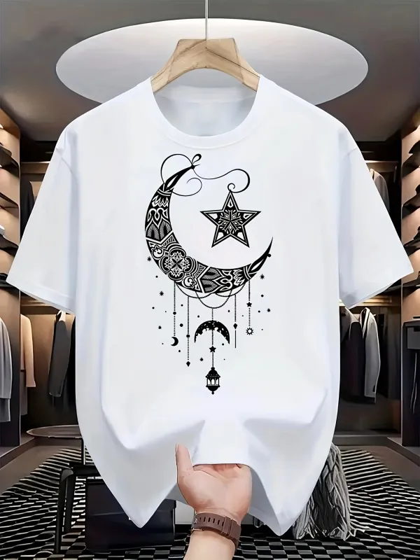 Tailorly Men's Printed Tee - Mystical Crescent Moon With Star And Hanging Ornaments Moon made by Tailorly