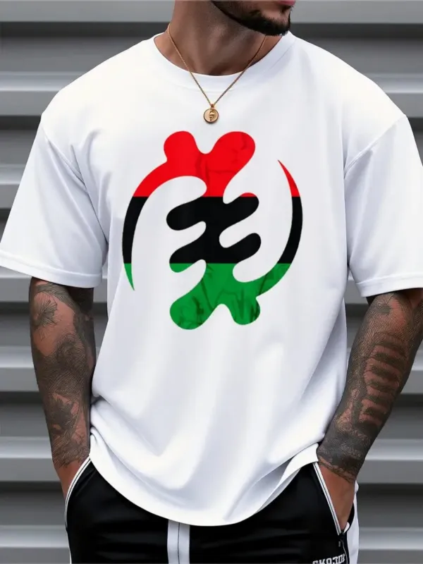 Tailorly Men's Printed Tee - Abstract Red And Green Graphic With Stylized Symbols White Tshirt made by Tailorly