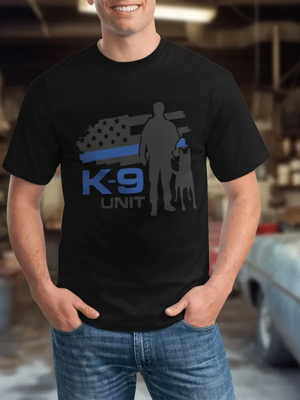 Tailorly Men's Printed Tee - K9 Unit Blue Flag With Silhouetted Handler Standing Beside Police Dog made by Tailorly