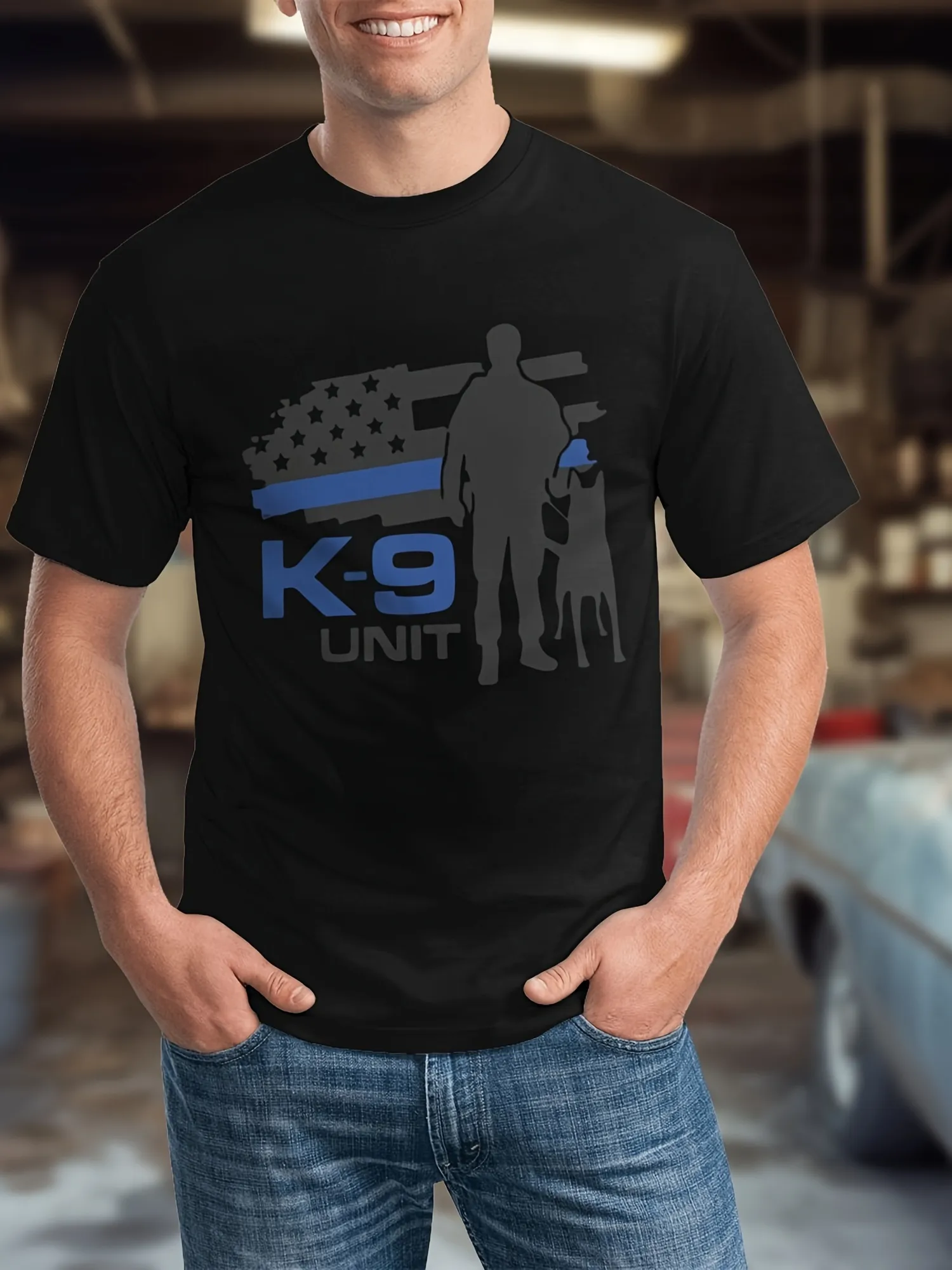 Tailorly Men's Printed Tee - K9 Unit Blue Flag With Silhouetted Handler Standing Beside Police Dog sold by Tailorly