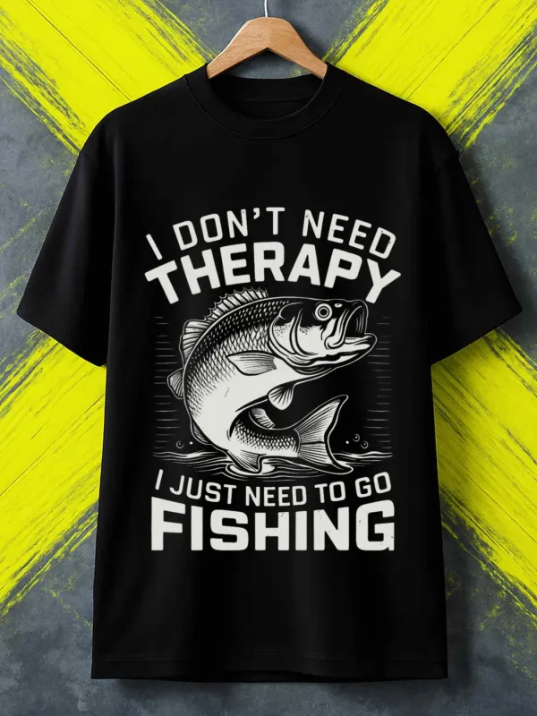 Tailorly Men's Printed Tee - I Dont Need Therapy Just Need To Go Fishing With Jumping Fish Graphic made by Tailorly