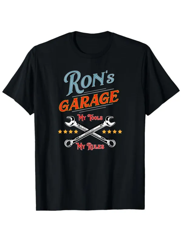 Tailorly Men's Printed Tee - Rons Garage Crossed Silver Wrenches Stars And Bold Slogan T Shirt made by Tailorly