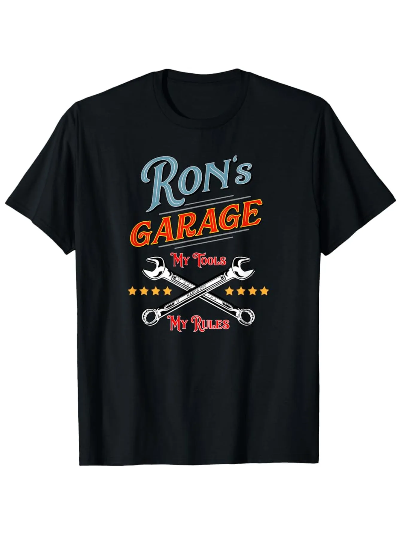 Tailorly Men's Printed Tee - Rons Garage Crossed Silver Wrenches Stars And Bold Slogan T Shirt sold by Tailorly