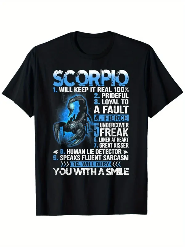 Tailorly Men's Printed Tee - Scorpio Traits Surrounded By Blue Light Graphic Scorpion made by Tailorly