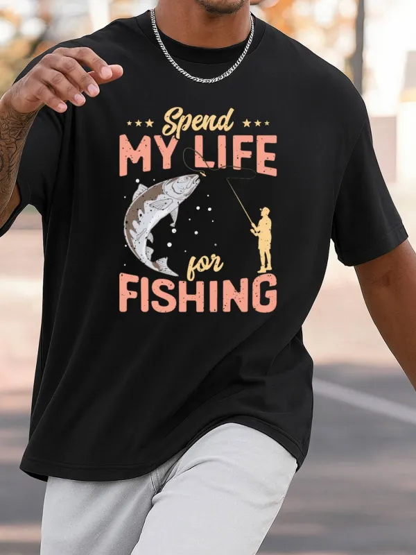 Tailorly Men's Printed Tee - Spend My Life For Fishing Moonlight Forest With Leaping Fish And Lone Fisherman made by Tailorly