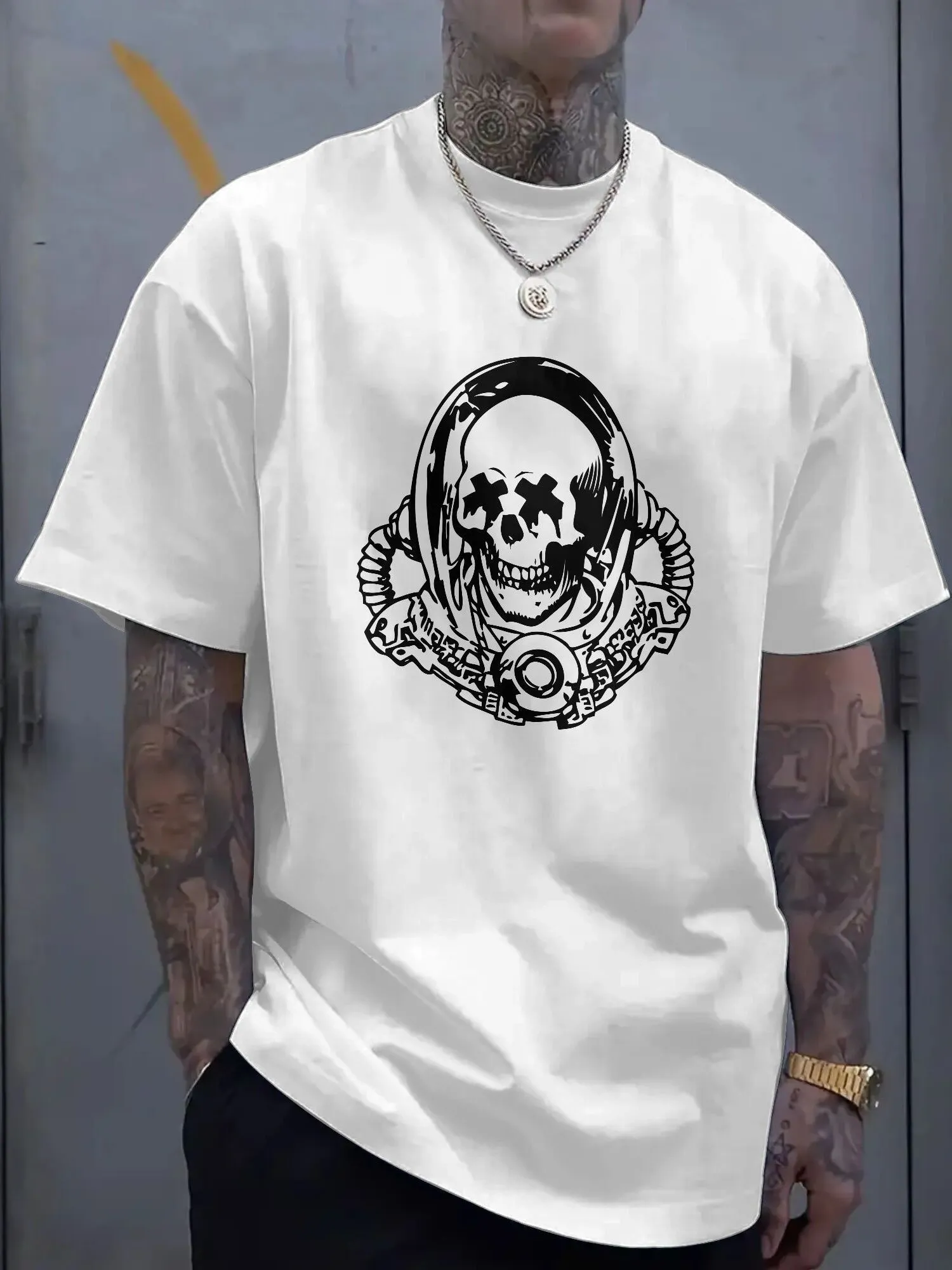 Tailorly Men's Printed Tee - Edgy Soundwaves Circling Headphone Clad Skull Art Graphic sold by Tailorly