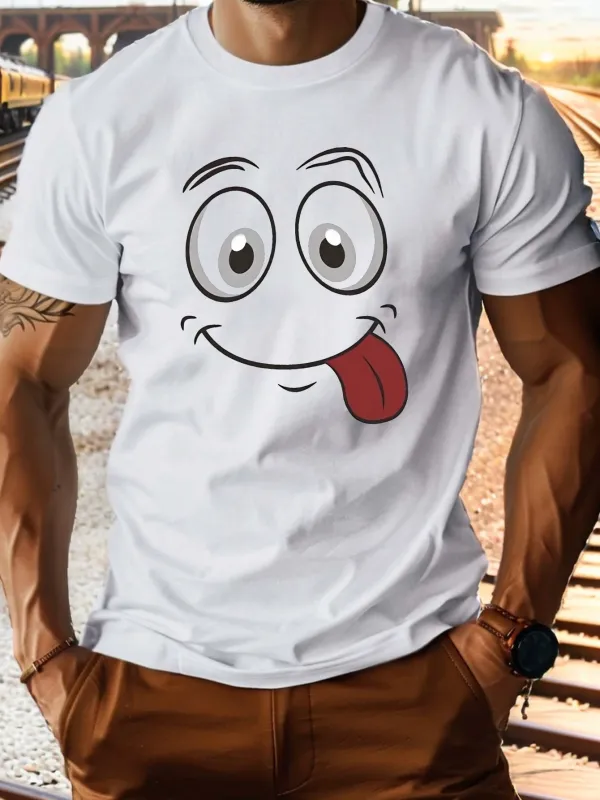 Tailorly Men's Printed Tee - Goofy Cartoon Face With Playful Eyes Cheeky Smile And Tongue Out Expression made by Tailorly