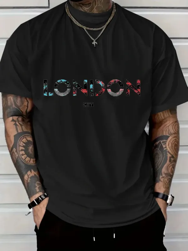 Tailorly Men's Printed Tee - London Bold Digital Gradient Letters Across The Black Shirt made by Tailorly