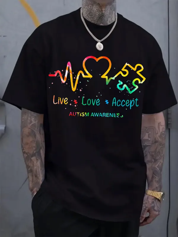 Tailorly Men's Printed Tee - Live Love Accept Colorful Puzzle Heart Design Promoting Autism Awareness made by Tailorly