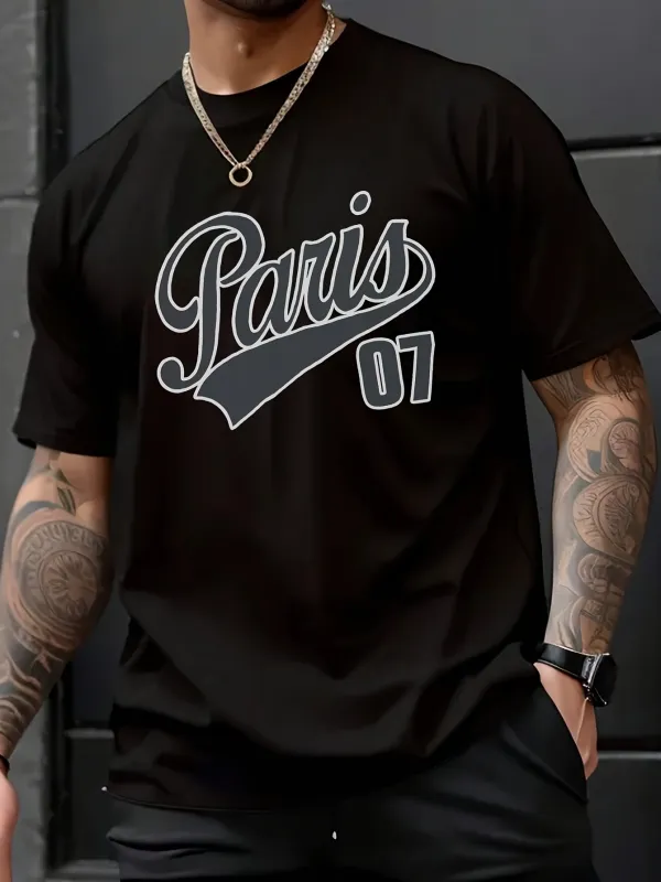 Tailorly Men's Printed Tee - Paris Script Lettering With Retro Sports Style Under Bold Numbers made by Tailorly