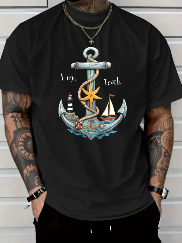 Tailorly Men's Printed Tee - Army Youth Nautical Anchor With Rope Starfish And Sailboat made by Tailorly