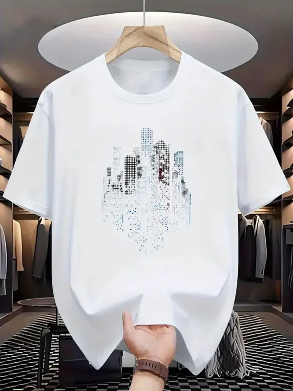 Tailorly Men's Printed Tee - Urban Skyline Reflected Among Abstract Geometric Shapes Cityscape made by Tailorly