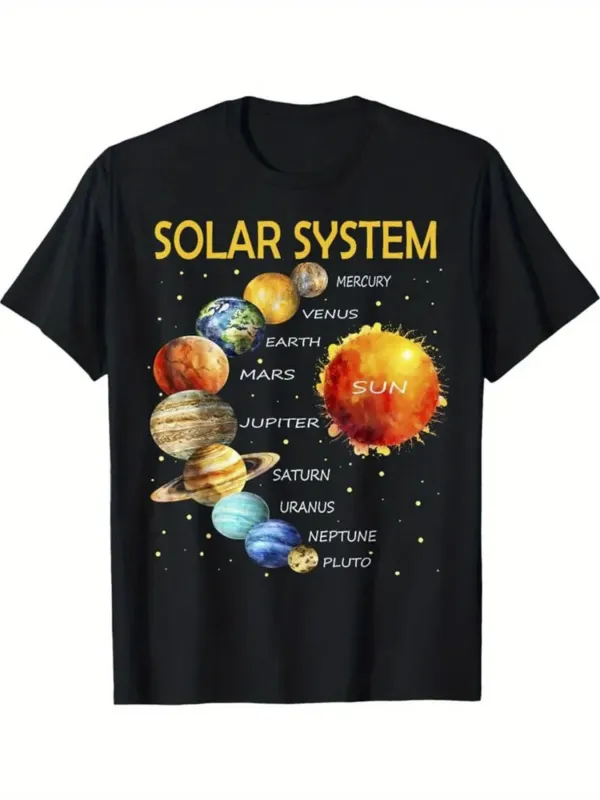 Tailorly Men's Printed Tee - Solar System Colorful Cosmic Planets With Shining Sun Surrounded By Stars made by Tailorly