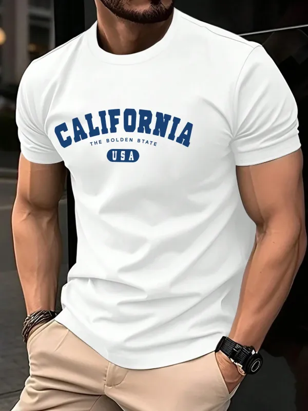 Tailorly Men's Printed Tee - California Slogan Blue Bold Letters On Clean White Shirt made by Tailorly