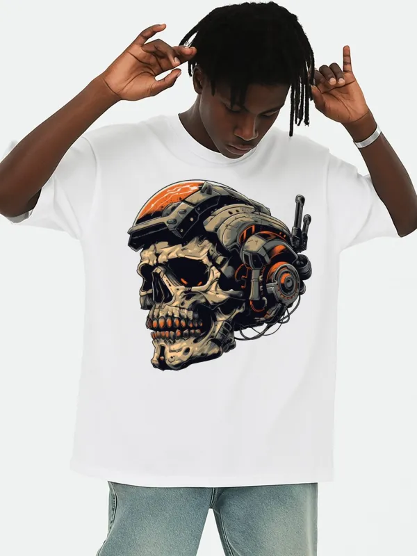 Tailorly Men's Printed Tee - Mechanical Punk With Cybernetic Skull Wearing Futuristic Headgear made by Tailorly