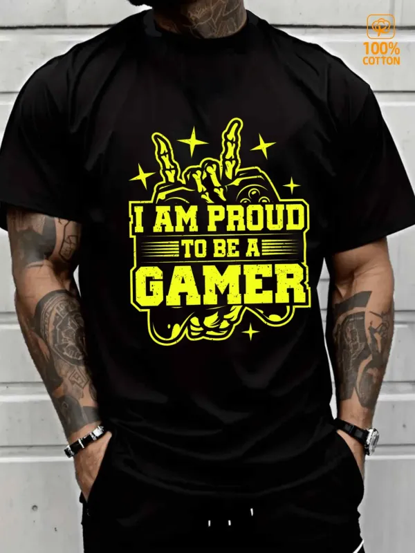 Tailorly Men's Printed Tee - I Am Proud To Be A Gamer Electric Neon Letters With Hand Gesture Surrounded By Shining Stars Gamer made by Tailorly