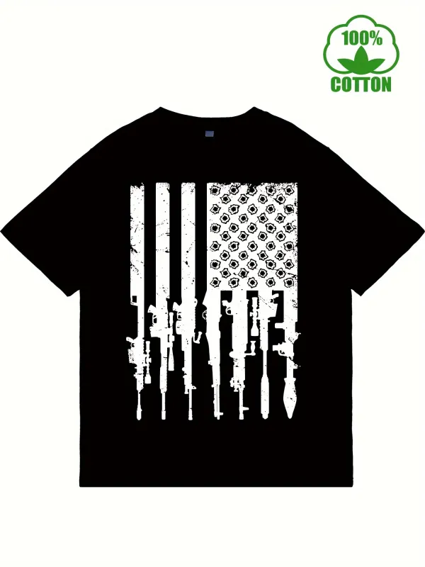 Tailorly Men's Printed Tee - Stars And Stripes With Varied Firearms Silhouetted Under Bold Contrasting Background made by Tailorly