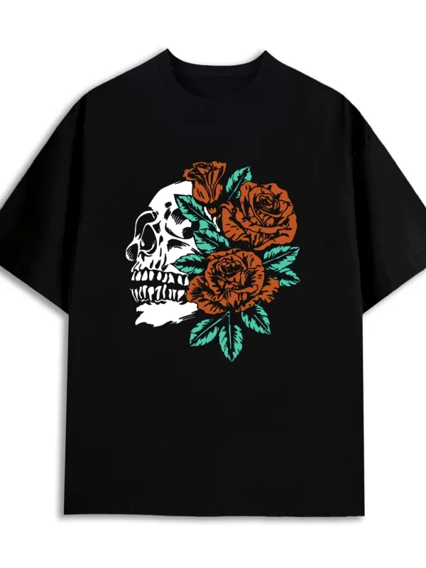 Tailorly Men's Printed Tee - Blooming Vibrant Roses Entwined Around A Classic Human Skull made by Tailorly