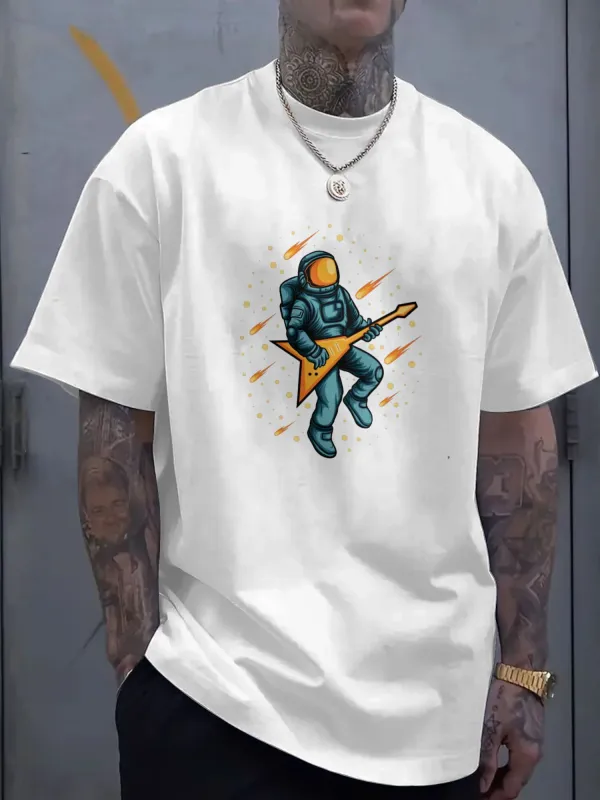 Tailorly Men's Printed Tee - Space Explorer Playing Electric Guitar Under Vibrant Neon Streaks Astronaut made by Tailorly