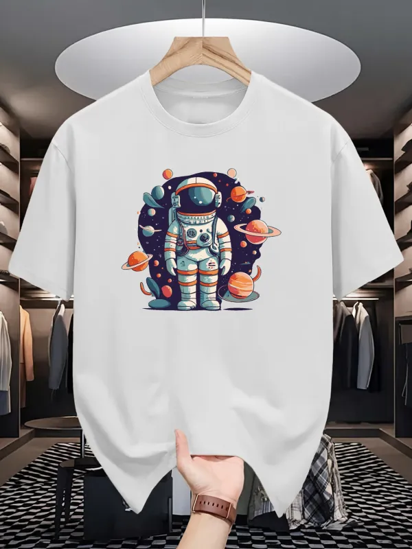 Tailorly Men's Printed Tee - Colorful Planets Orbiting In Space Around Astronaut made by Tailorly