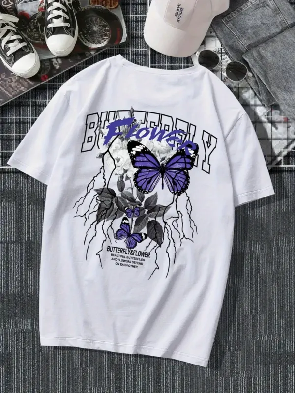 Tailorly Men's Printed Tee - Butterfly Flowers With Lightning And Text Above A Purple Butterfly made by Tailorly