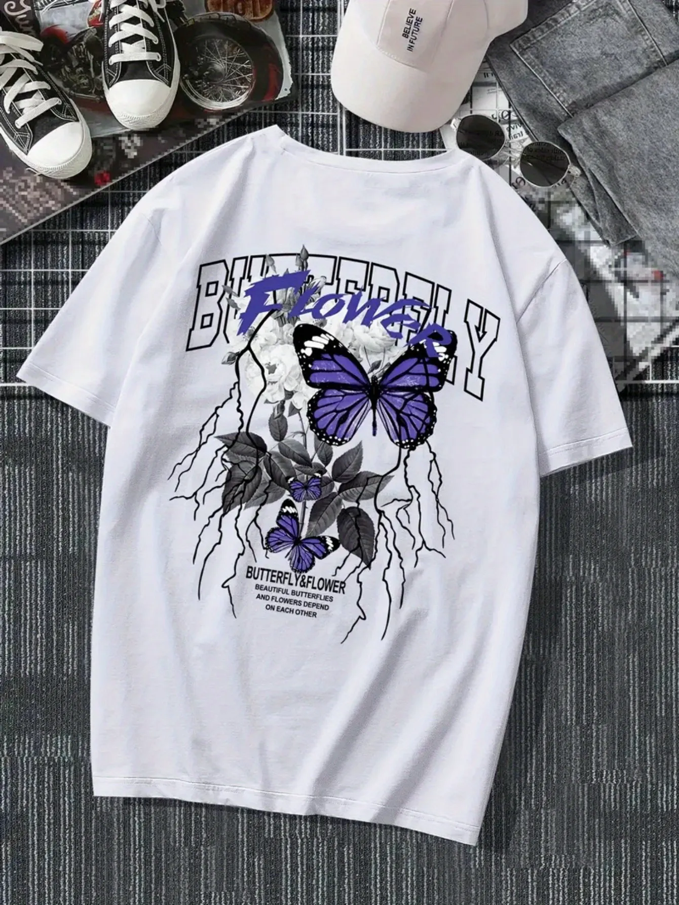 Tailorly Men's Printed Tee - Butterfly Flowers With Lightning And Text Above A Purple Butterfly sold by Tailorly