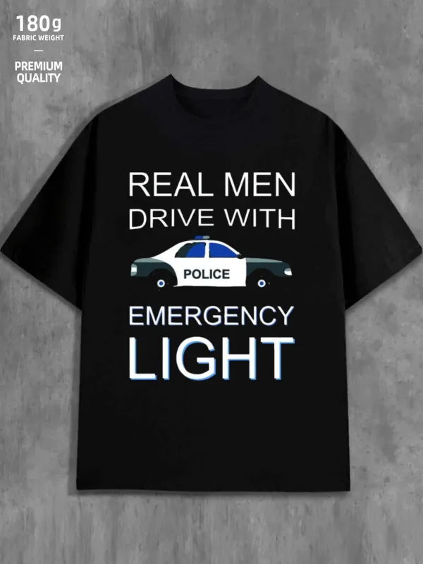 Tailorly Men's Printed Tee - Real Men Drive With Emergency Light Police Car Under Spotlight made by Tailorly