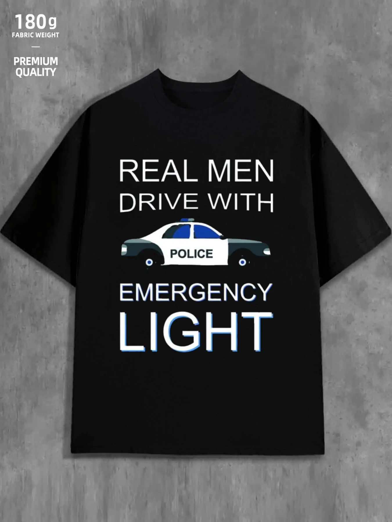 Tailorly Men's Printed Tee - Real Men Drive With Emergency Light Police Car Under Spotlight sold by Tailorly