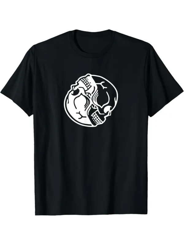 Tailorly Men's Printed Tee - Two Cracked Half Skulls Facing Each Other On Black Skull made by Tailorly