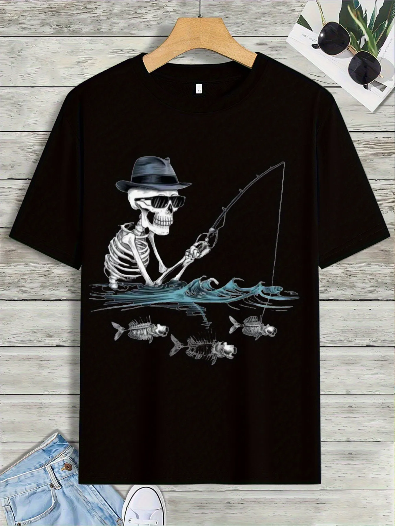 Tailorly Men's Printed Tee - Mystical River Skeleton Fishing Under Flowing Water sold by Tailorly