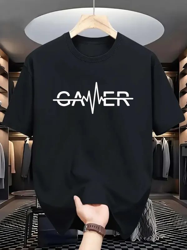Tailorly Men's Printed Tee - Heartbeat Line With Modern Letters Spelling Out Gamer made by Tailorly