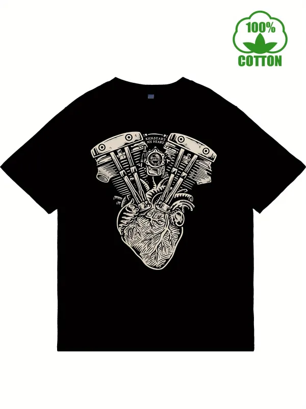 Tailorly Men's Printed Tee - Mechanical Engine Parts Entwined With Anatomical Heart Drawing On Black T Shirt made by Tailorly