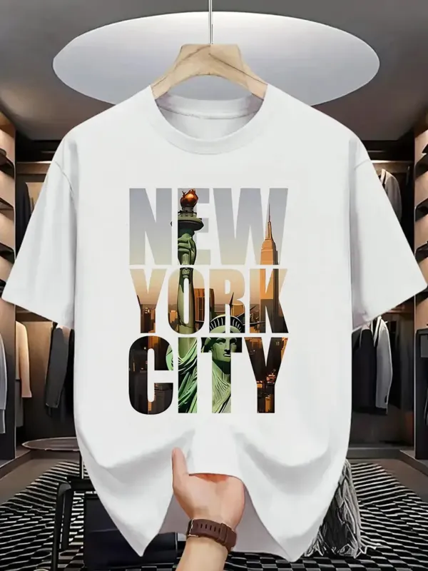 Tailorly Men's Printed Tee - New York City With Statue Of Liberty Skyline Architecture Landmarks Reflected Text Effect made by Tailorly