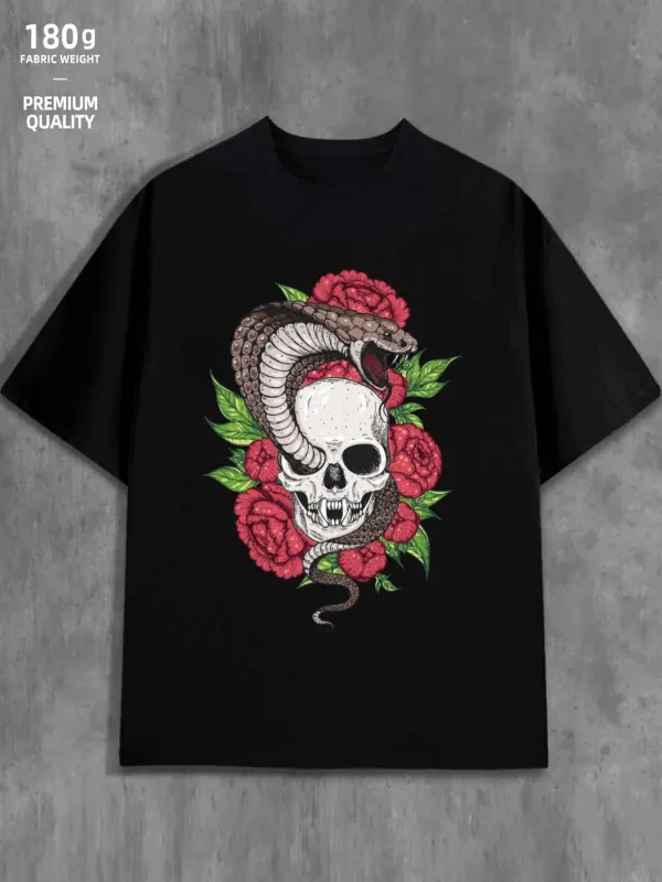 Tailorly Men's Printed Tee - Mystic Roses With Coiling Serpent Around Skull made by Tailorly