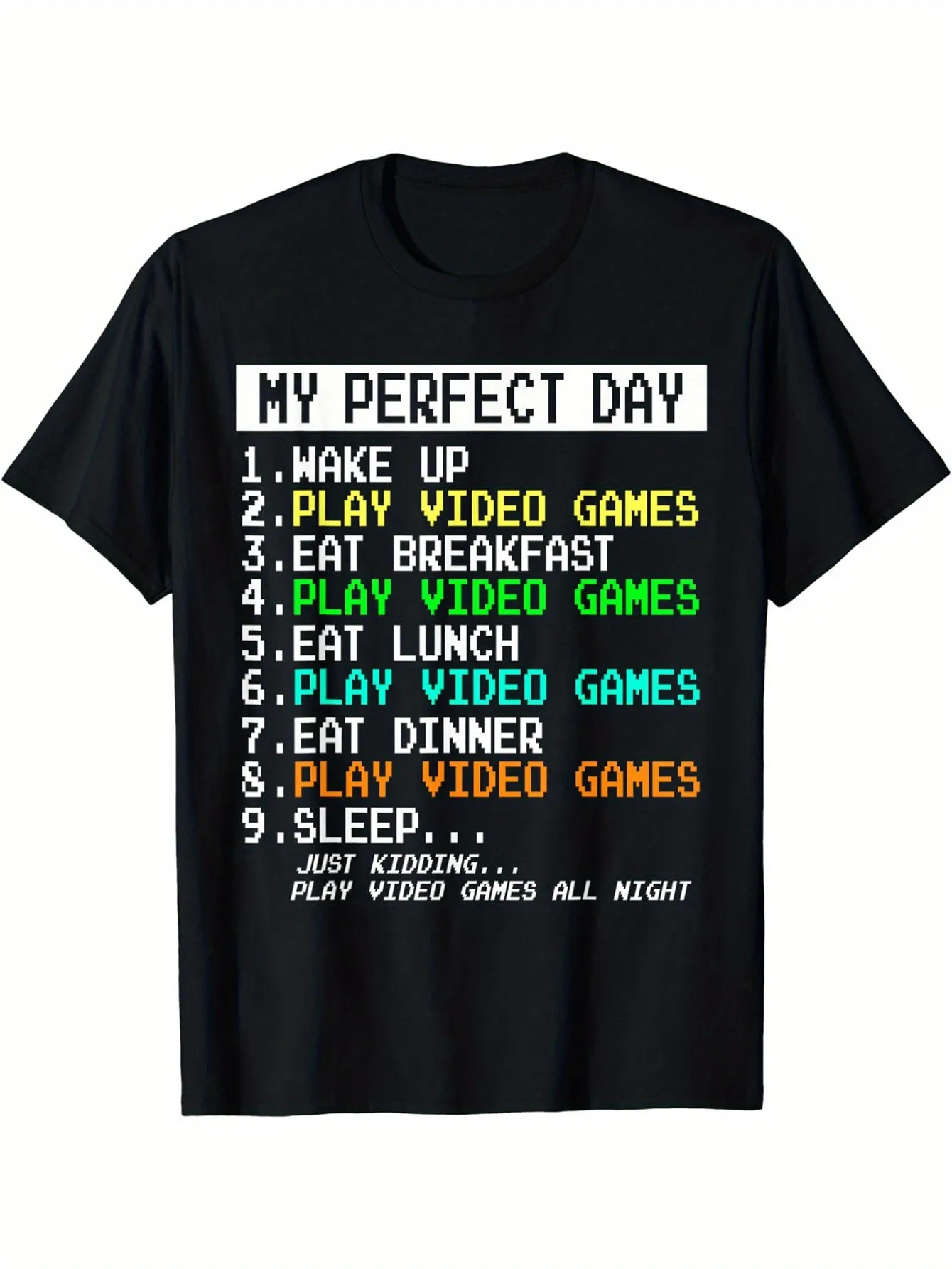 Tailorly Men's Printed Tee - My Perfect Day Colorful Letters With Playful Gaming Inspired Theme sold by Tailorly