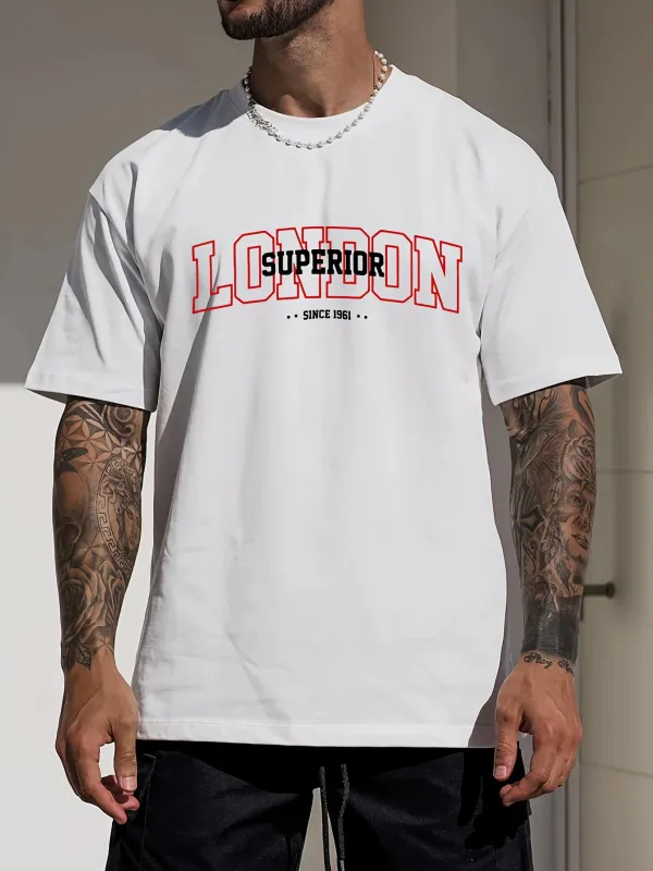 Tailorly Men's Printed Tee - Superior Bold Red London Text With Simple Linework White T Shirt made by Tailorly