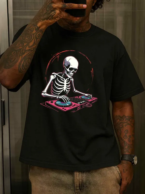 Tailorly Men's Printed Tee - Colorful Neon Lights Surrounding Dancing DJ Skeleton made by Tailorly
