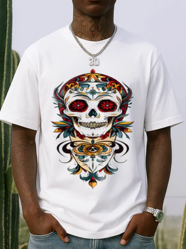 Tailorly Men's Printed Tee - Vibrant Ornate Floral Layers With Luminous Red Eyed Skull made by Tailorly