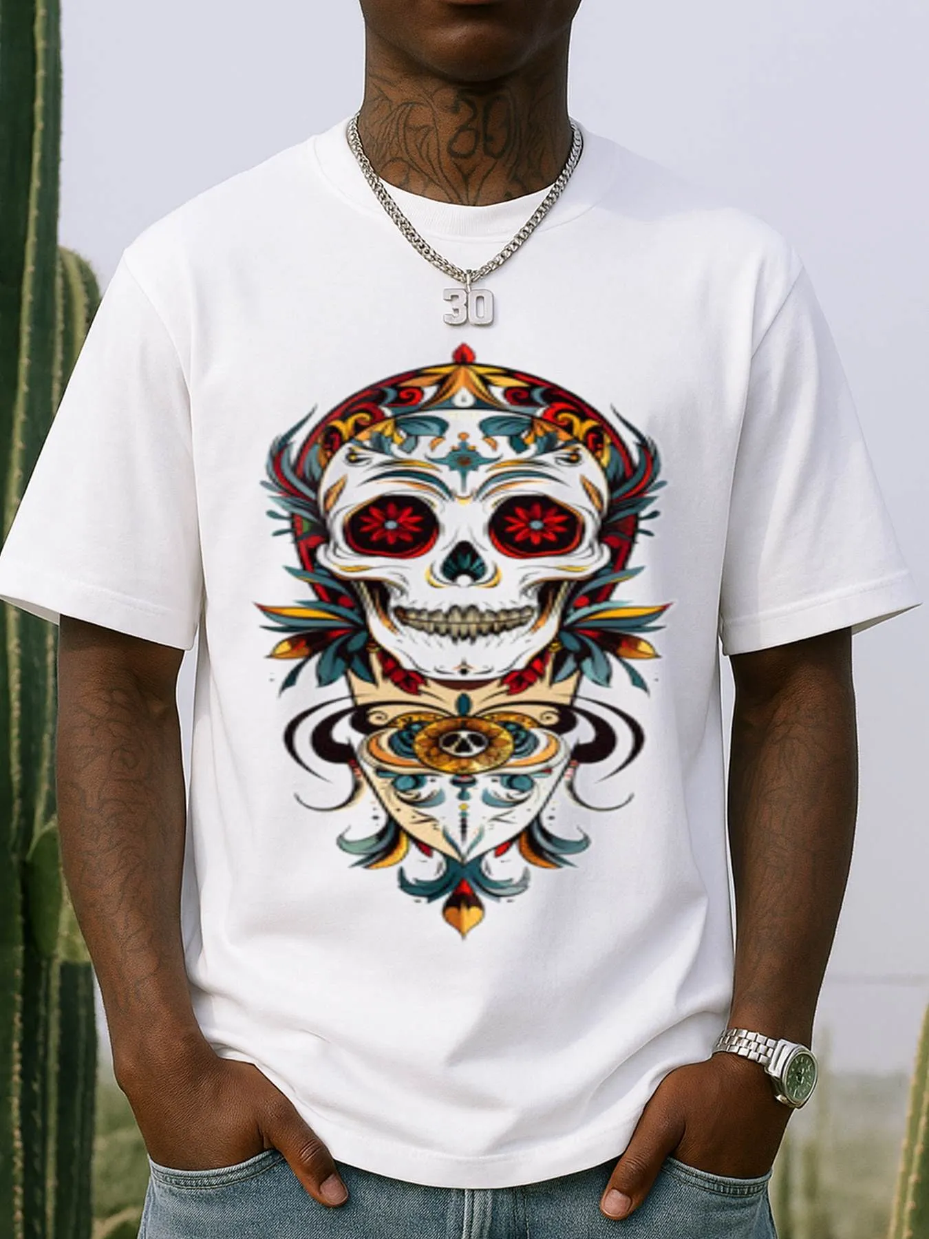 Tailorly Men's Printed Tee - Vibrant Ornate Floral Layers With Luminous Red Eyed Skull sold by Tailorly