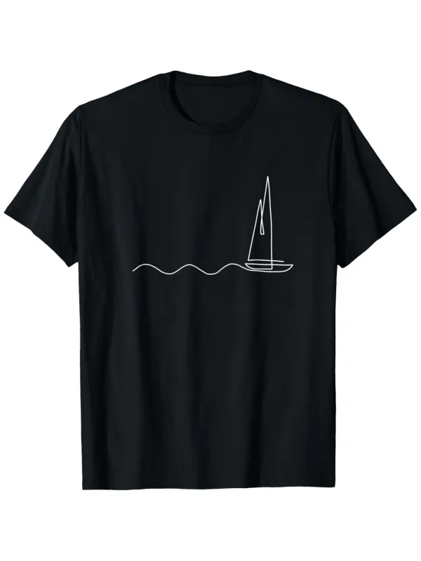Tailorly Men's Printed Tee - Minimalist White Lines Forming Gentle Waves With Sailing Boat Under Calm Water Sailboat made by Tailorly