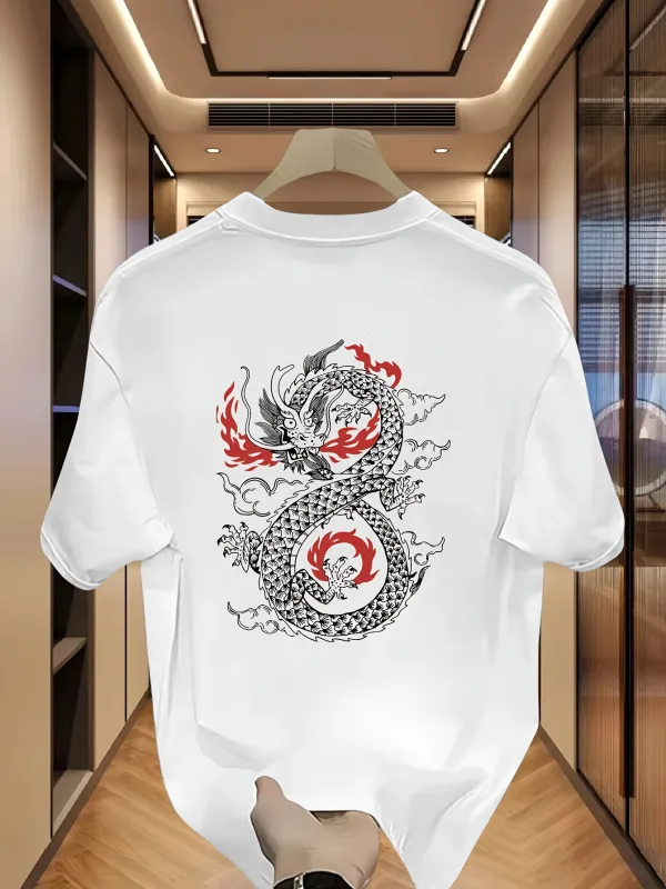 Tailorly Men's Printed Tee - Vivid Coiling Energy With Red Accents And Flowing Smoke Dragon made by Tailorly