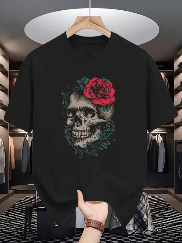 Tailorly Men's Printed Tee - Detailed Skull With Red Rose Blossoming Among Lush Green Leaves Skull made by Tailorly