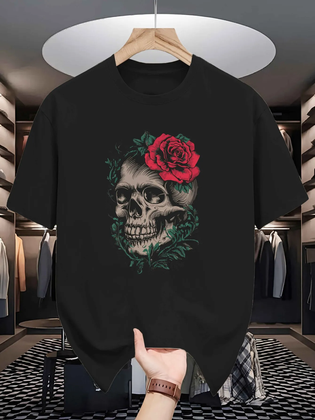 Tailorly Men's Printed Tee - Detailed Skull With Red Rose Blossoming Among Lush Green Leaves Skull sold by Tailorly
