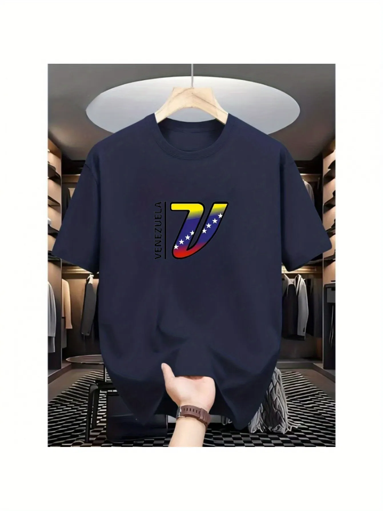Tailorly Men's Printed Tee - Bold Flag Inspired Abstract Curves With Stars On Black T Shirt sold by Tailorly