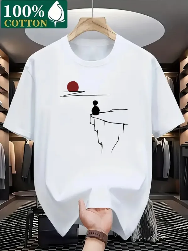 Tailorly Men's Printed Tee - Minimal Line Art Silhouette Sitting Under Setting Sun Cliff made by Tailorly