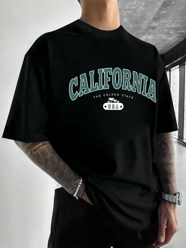Tailorly Men's Printed Tee - California Green Arch Letters With Small White Text Black T Shirt made by Tailorly