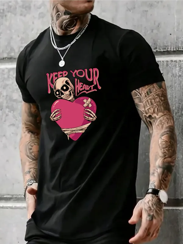 Tailorly Men's Printed Tee - Keep Your Heart Skeleton With Large Pink Heart Holding made by Tailorly